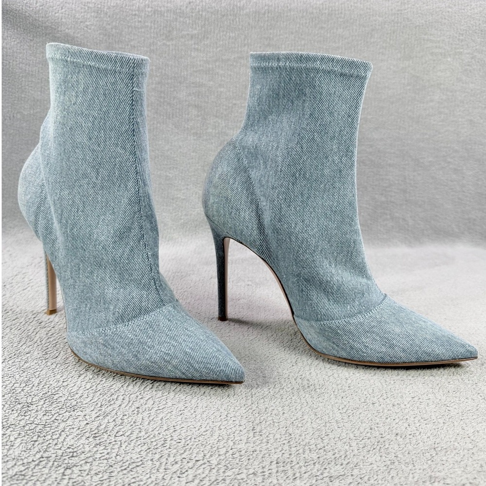 Gianvito Rossi Womens 40 Blue Denim Stiletto Pointed Toe Ankle Sock Boots Italy